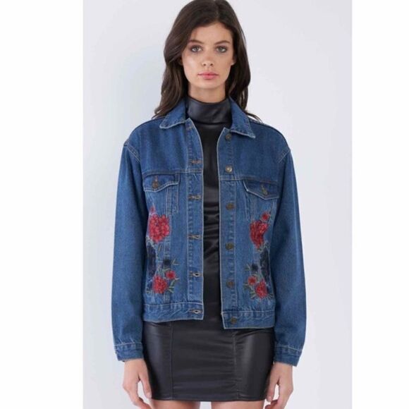 Roses Embroidered Denim Jacket Pockets S/M & M/L NWT - Picture 1 of 3